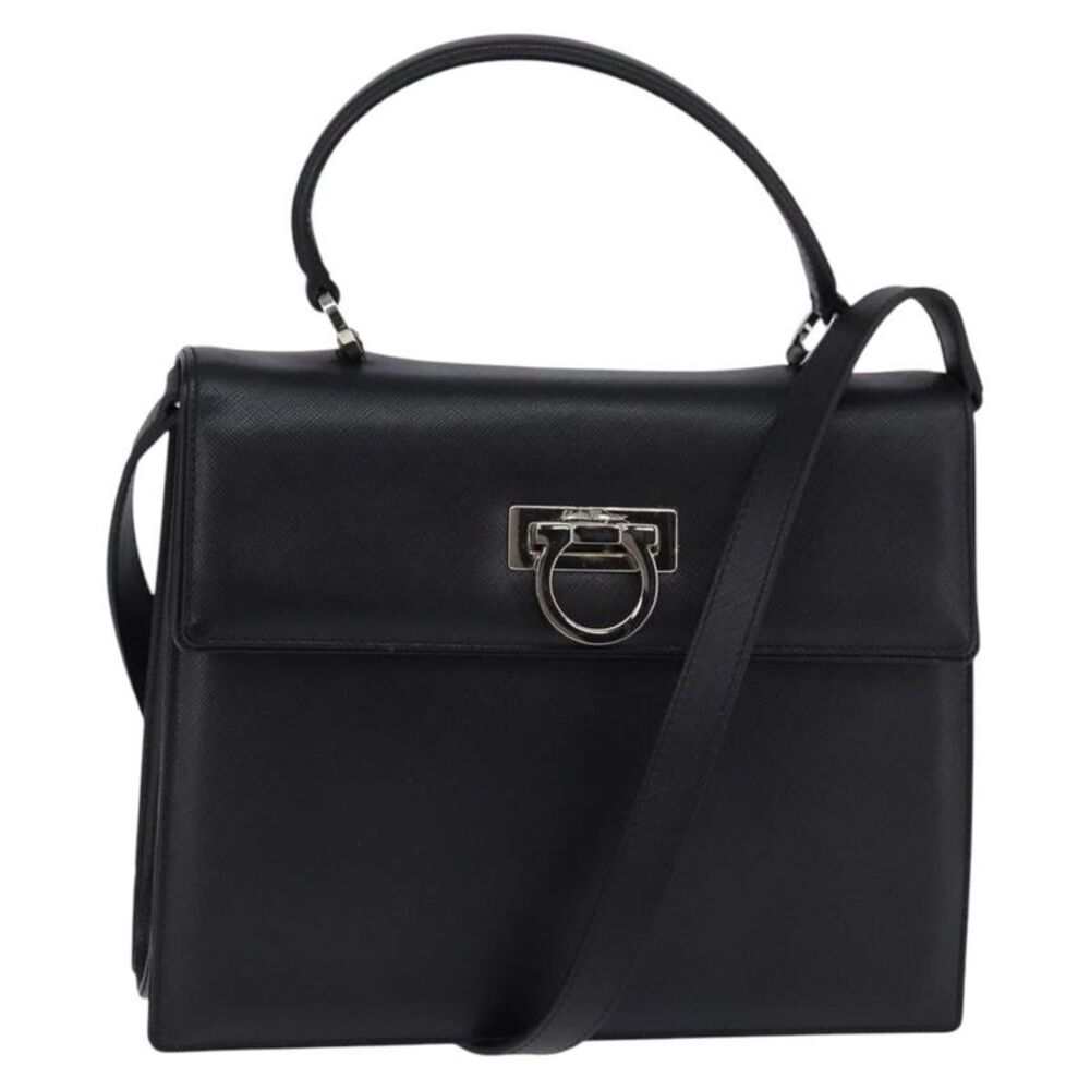 Salvatore Ferragamo Convertible Top Handle Leather Black Leather Handbag